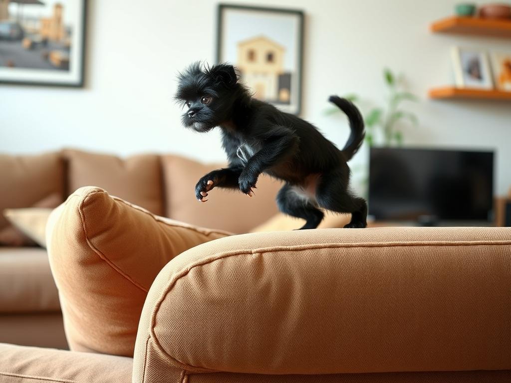 Affenpinscher climbing and exploring furniture