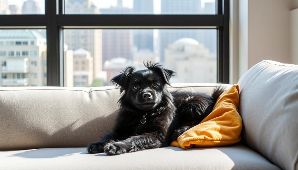 Affenpinscher comfortable in apartment setting