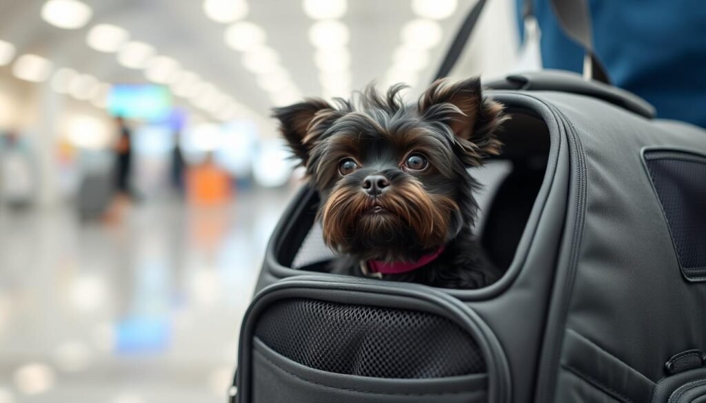 Affenpinscher in travel carrier ready for trip