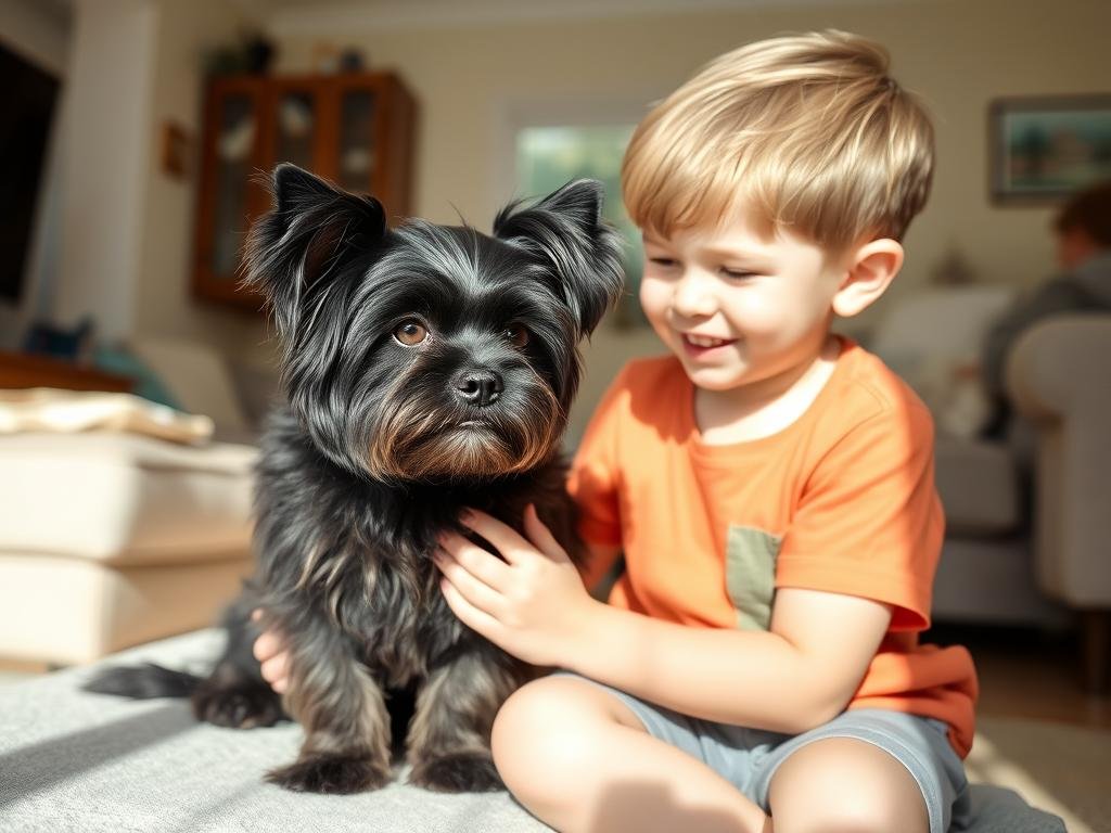 Affenpinscher interacting gently with older child