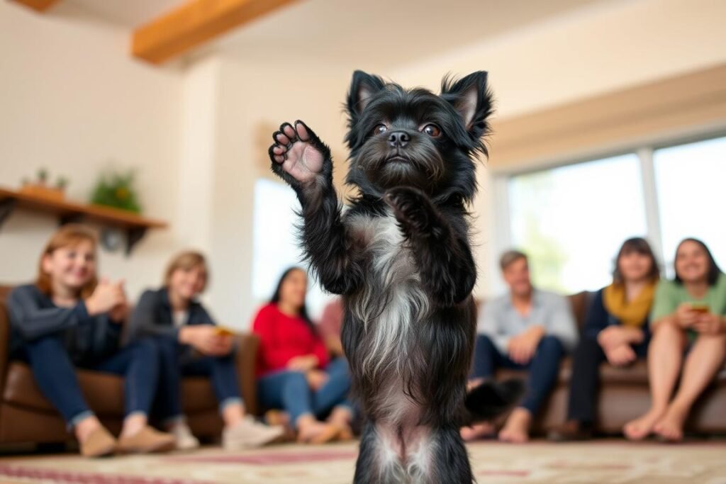 Affenpinscher performing trick for audience