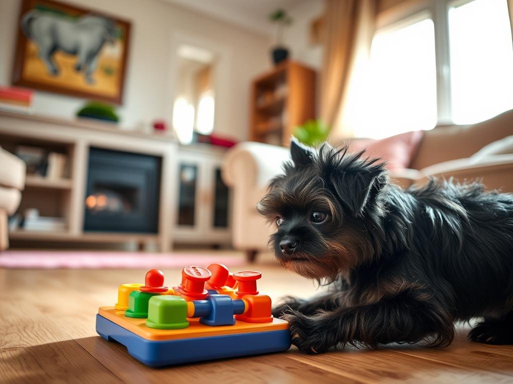 Affenpinscher playing with interactive toy indoors