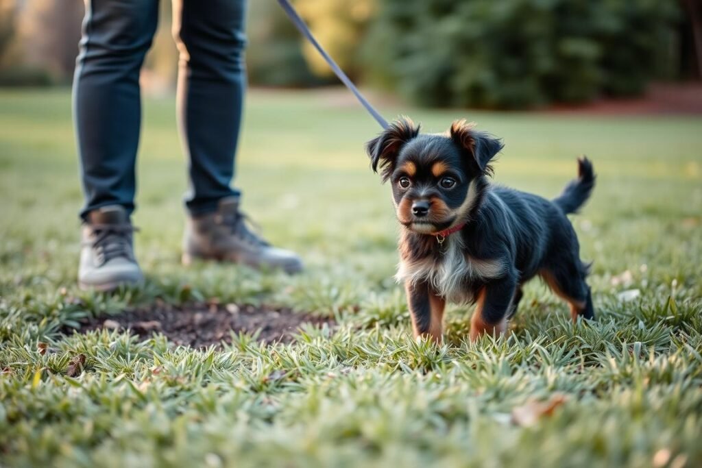 Affenpinscher puppy being housetrained outdoors