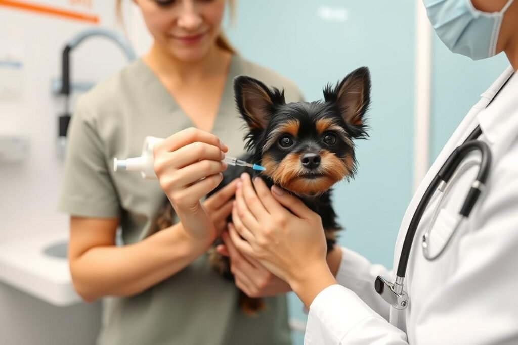Affenpinscher receiving vaccination from veterinarian