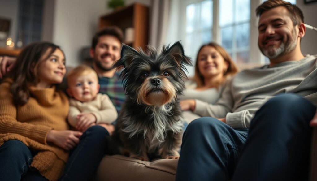 Affenpinscher relaxing with family at home