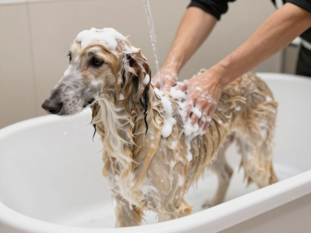 Afghan Hound being bathed in professional grooming tub