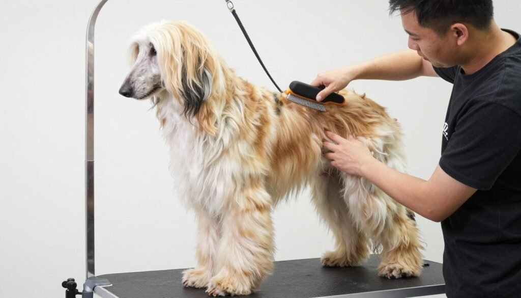 Afghan Hound being professionally groomed showing coat maintenance