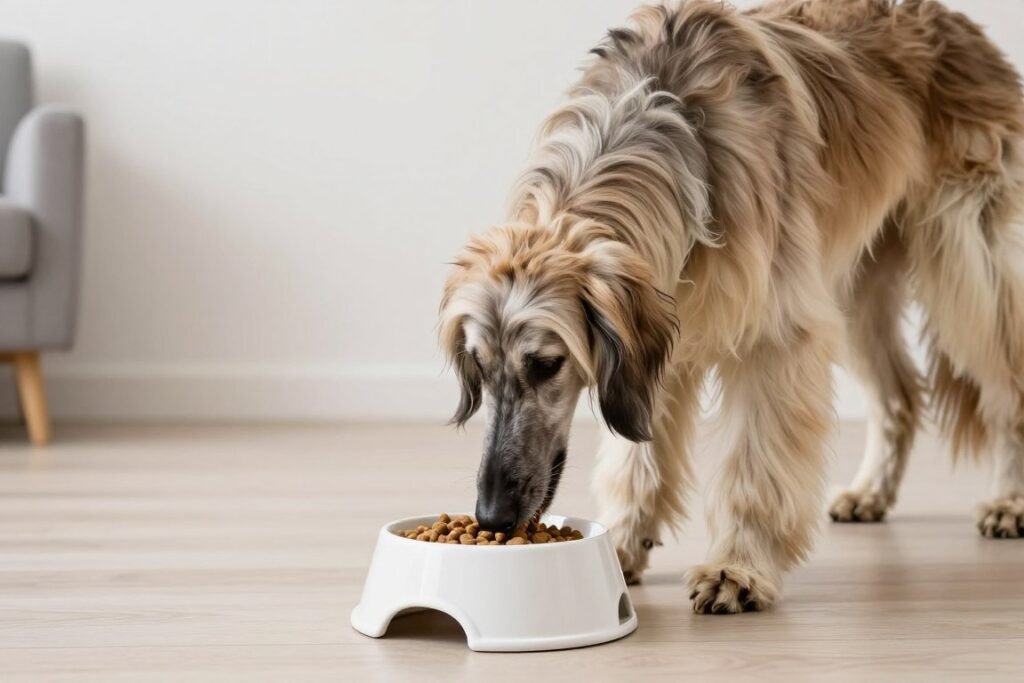 Afghan Hound eating from food bowl showing proper nutrition