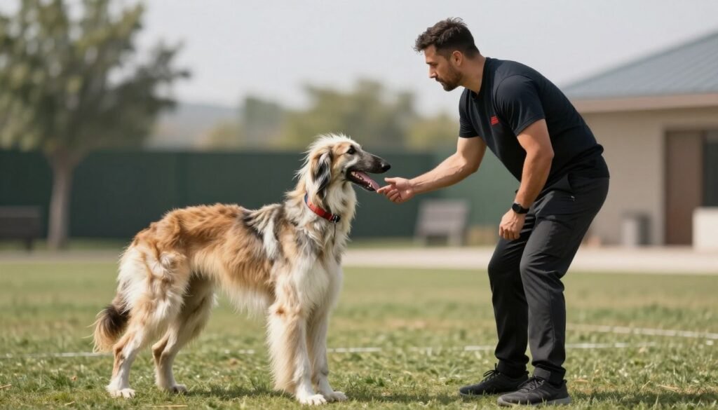Afghan Hound in training session with handler