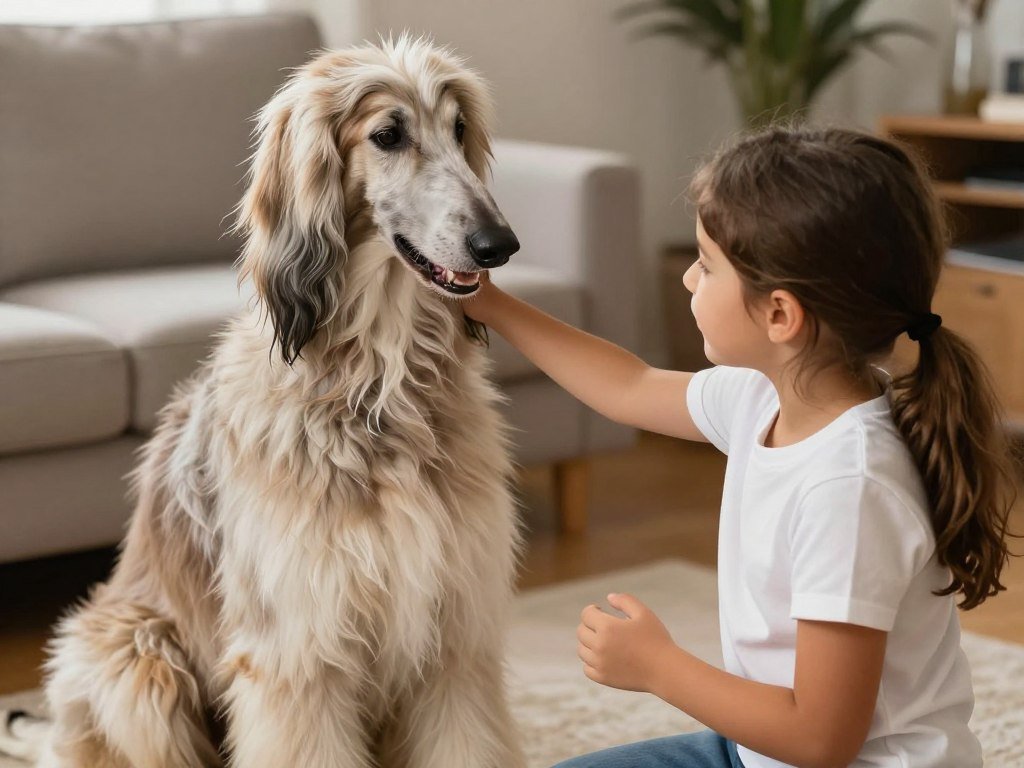 Afghan Hound interacting gently with respectful child