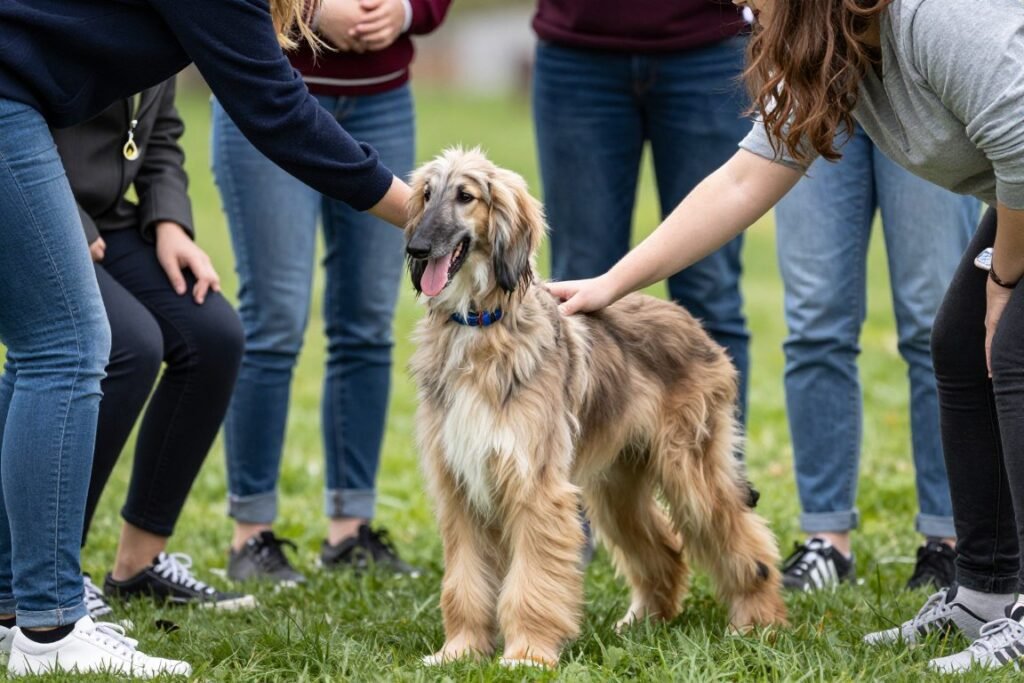 Afghan Hound puppy meeting new people during socialization