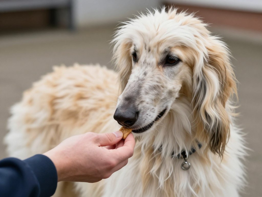 Afghan Hound receiving treat during training