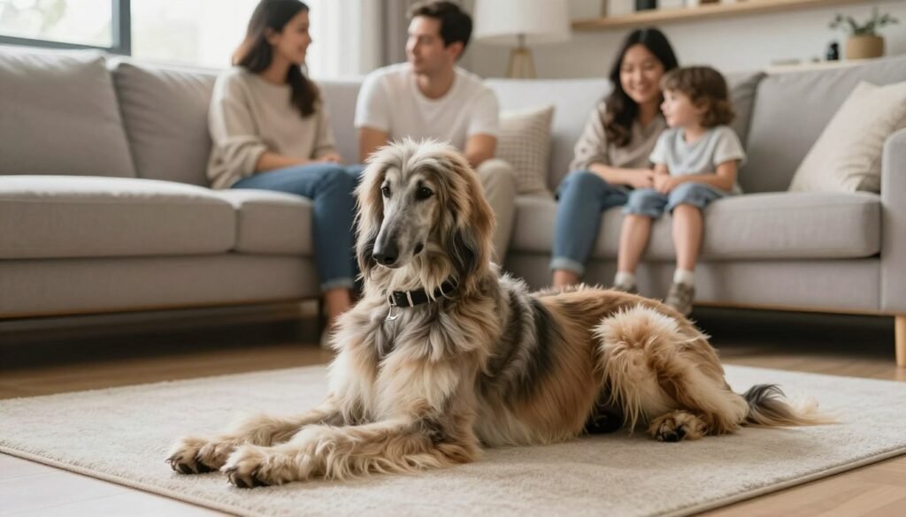 Afghan Hound relaxing with family in living room