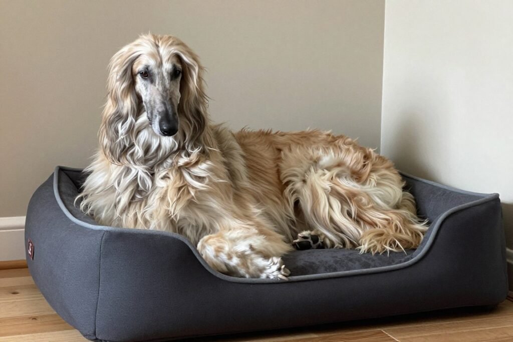 Afghan Hound resting in quiet home environment