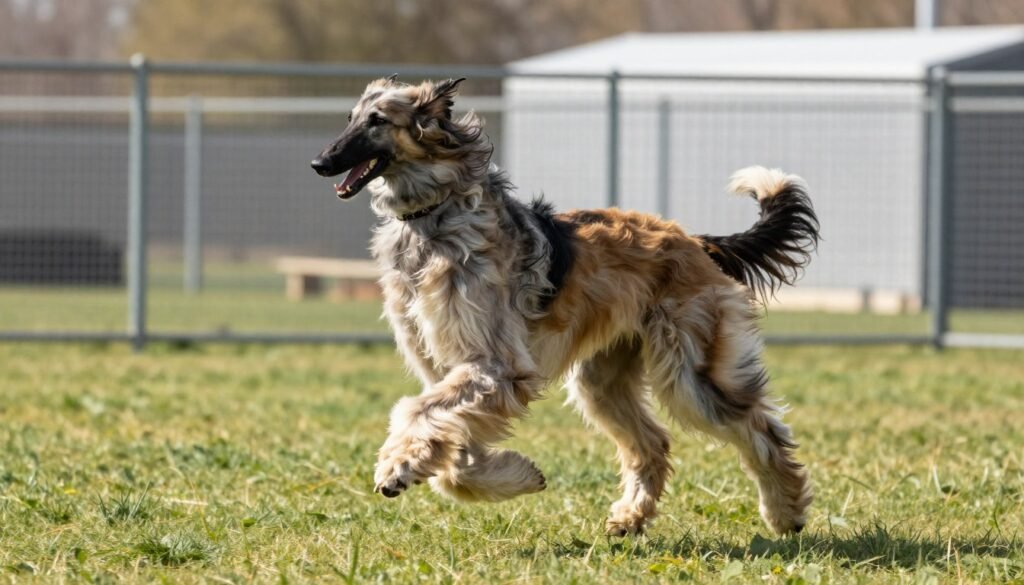 Afghan Hound running in fenced area at high speed