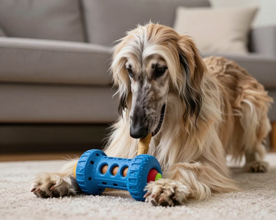 Afghan Hound working on puzzle toy for mental stimulation