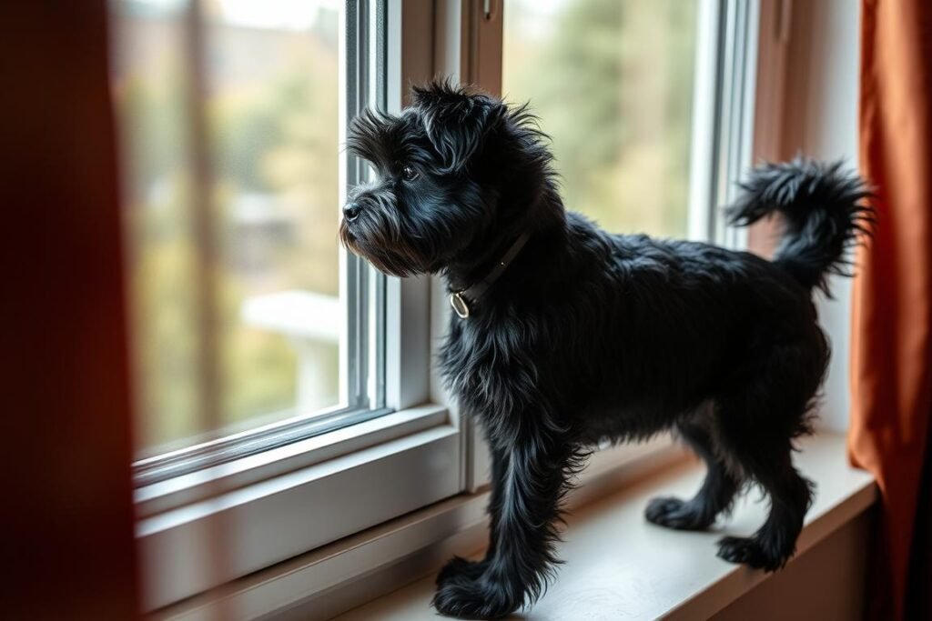 Alert Affenpinscher watching through window