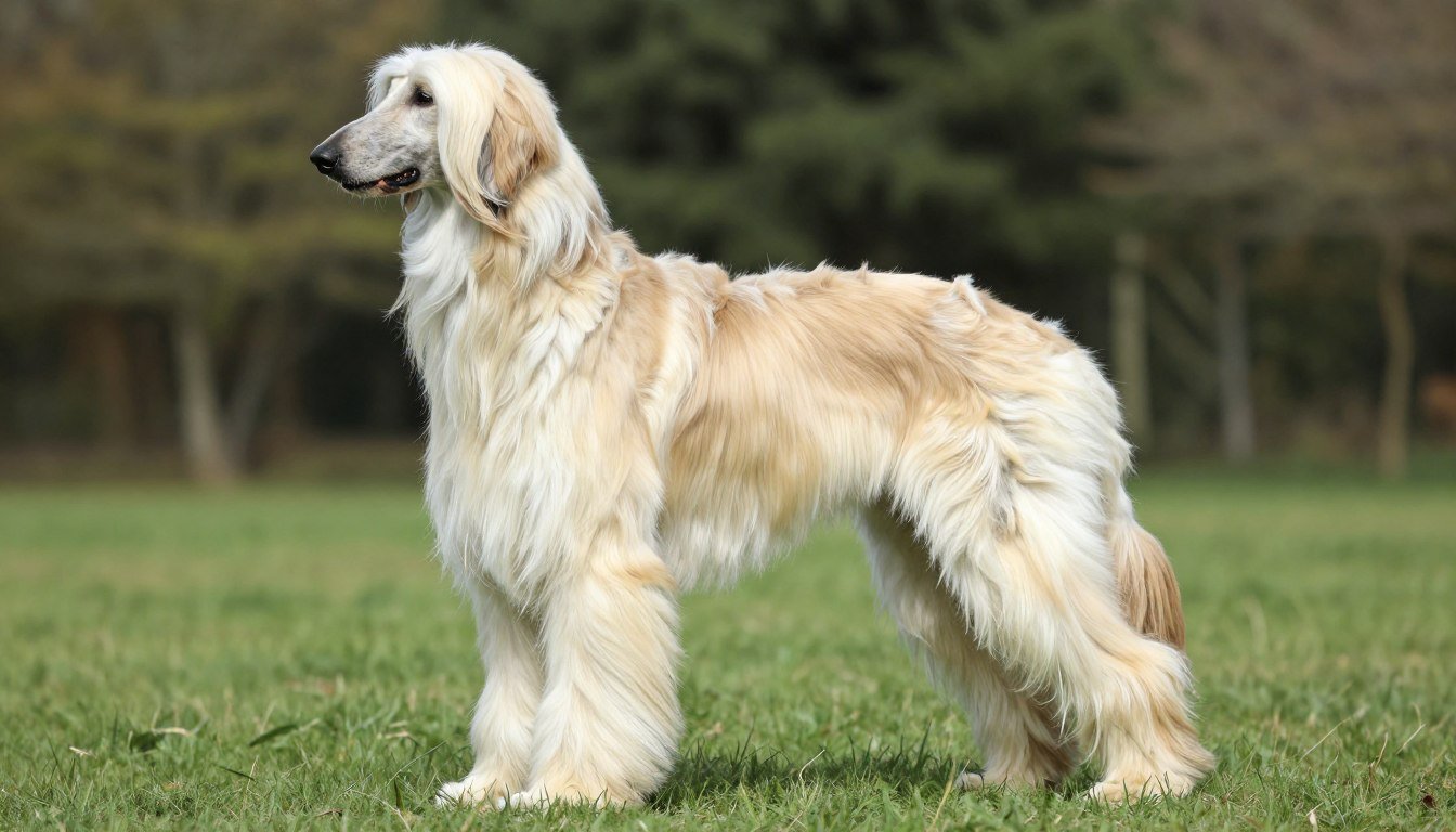 Elegant Afghan Hound with flowing silky coat standing in show pose