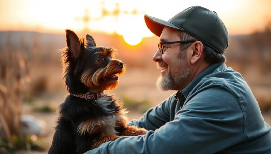 Happy Affenpinscher with loving owner