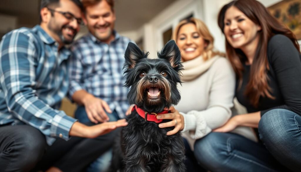 Happy adopted adult Affenpinscher with new family