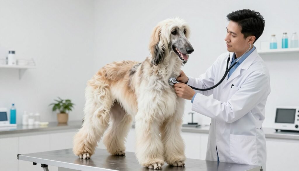 Healthy Afghan Hound being examined by veterinarian