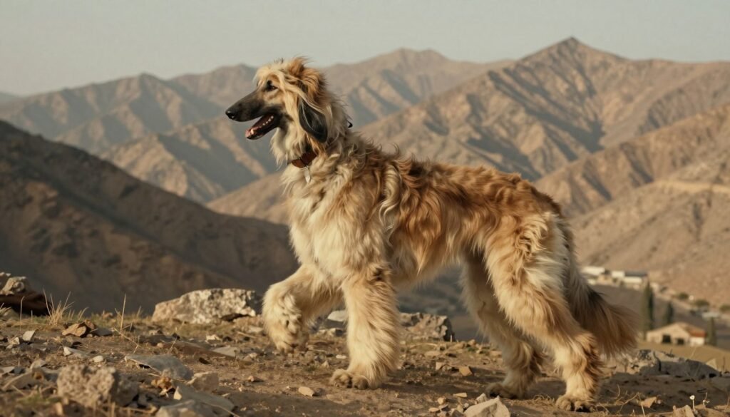 Historical illustration style image of Afghan Hound in mountainous terrain