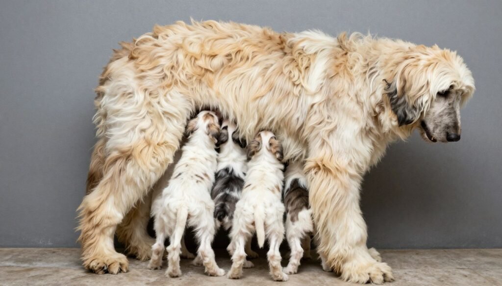 Litter of Afghan Hound puppies with mother