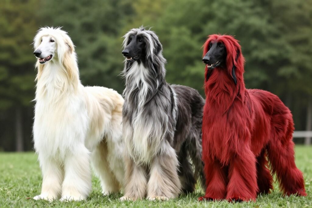 Multiple Afghan Hounds showing different coat colors and patterns