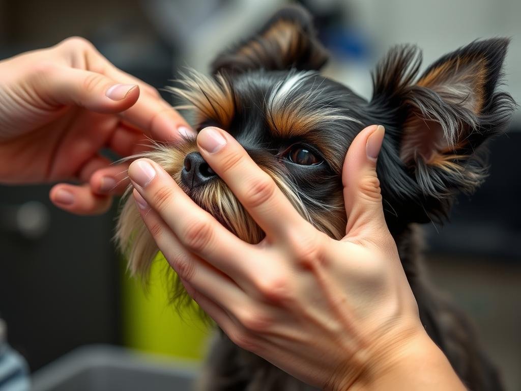 Professional groomer hand-stripping Affenpinscher coat