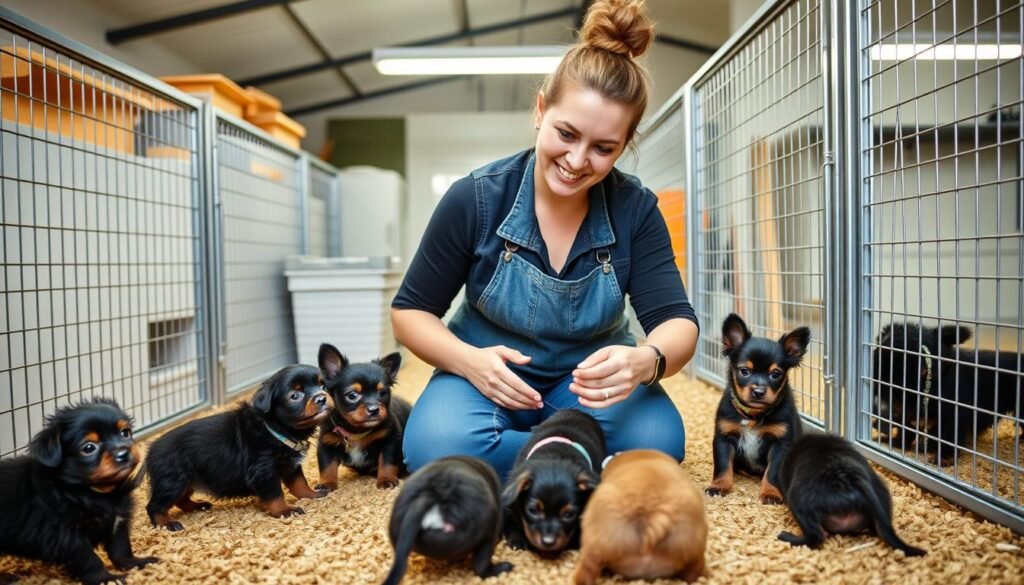 Responsible breeder with Affenpinscher puppies
