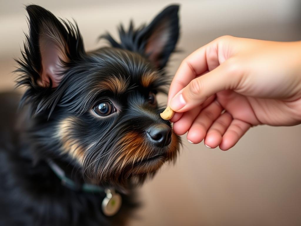 Trainer using treats for Affenpinscher training