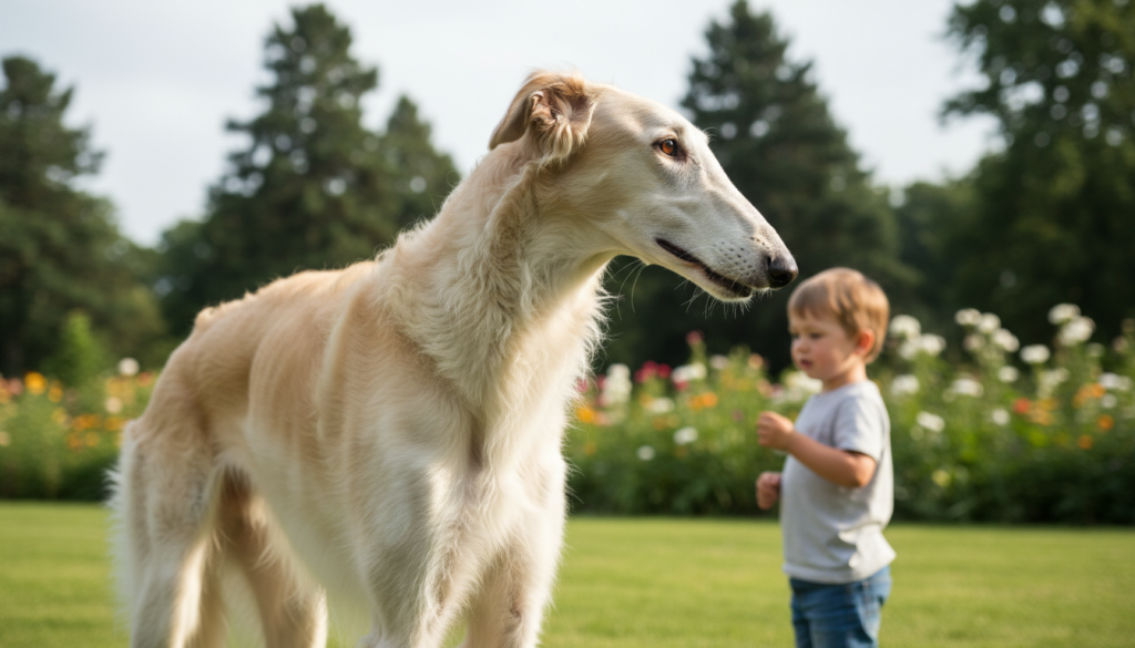 A Borzoi dog, showcasing its elegant form and gentle demeanor, stands in a lush green park, radiating an aura of grace and loyalty. The foreground captures its slender, elongated body, with a soft, silky coat reflecting sunlight in shades of white and cream. In the middle ground, an affectionate interaction is depicted, where the Borzoi gazes tenderly at a small child, epitomizing its affectionate nature. The background features a serene landscape with blooming flowers and tall trees, creating a peaceful atmosphere. Soft, diffused sunlight filters through the leaves, casting gentle shadows, while the perspective captures the Borzoi from a low angle, emphasizing its majestic appearance. The overall mood is warm and inviting, highlighting the dog’s loving temperament and friendly personality.