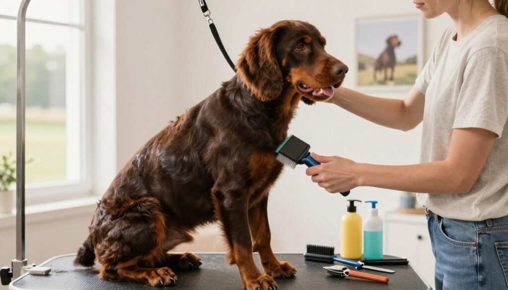 A Boykin Spaniel is being groomed in a bright, well-lit room. In the foreground, the dog sits patiently on a grooming table, his rich, chocolate-brown coat glistening under soft, natural light. A professional groomer, wearing a lightweight, casual shirt and jeans, gently brushes the dog's fur, showcasing attention to detail and care. In the middle ground, various grooming tools such as brushes, clippers, and shampoo bottles are neatly arranged on the table, emphasizing the grooming theme. In the background, there are soft-focus images of outdoor scenery, hinting at the breed's energetic nature and love for outdoor activities. The overall mood is serene and caring, capturing the bond between the groomer and the Boykin Spaniel while highlighting the grooming and care needs of this loyal breed.