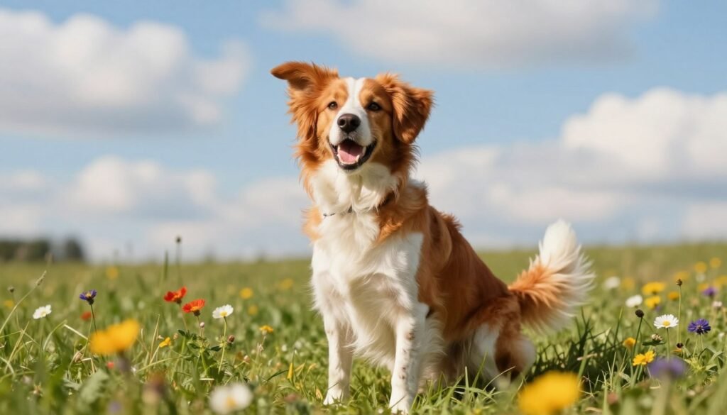 A Brittany Spaniel sitting playfully in a vibrant, sunlit meadow, showcasing its friendly and energetic temperament. In the foreground, capture the dog with its characteristic orange and white coat, its ears perked up and tail wagging, exuding enthusiasm and intelligence. In the middle ground, include a few colorful wildflowers and soft grass to highlight the dog's playful nature. The background features a serene blue sky scattered with fluffy clouds, suggesting a calm and uplifting atmosphere. Use natural, warm lighting to enhance the inviting feel of the scene, shot from a low angle to emphasize the dog's charm and spirit. This composition should evoke a sense of joy and companionship, perfectly illustrating the temperament of the Brittany Dog. A Brittany Spaniel sitting playfully in a vibrant, sunlit meadow, showcasing its friendly and energetic temperament. In the foreground, capture the dog with its characteristic orange and white coat, its ears perked up and tail wagging, exuding enthusiasm and intelligence. In the middle ground, include a few colorful wildflowers and soft grass to highlight the dog's playful nature. The background features a serene blue sky scattered with fluffy clouds, suggesting a calm and uplifting atmosphere. Use natural, warm lighting to enhance the inviting feel of the scene, shot from a low angle to emphasize the dog's charm and spirit. This composition should evoke a sense of joy and companionship, perfectly illustrating the temperament of the Brittany Dog.