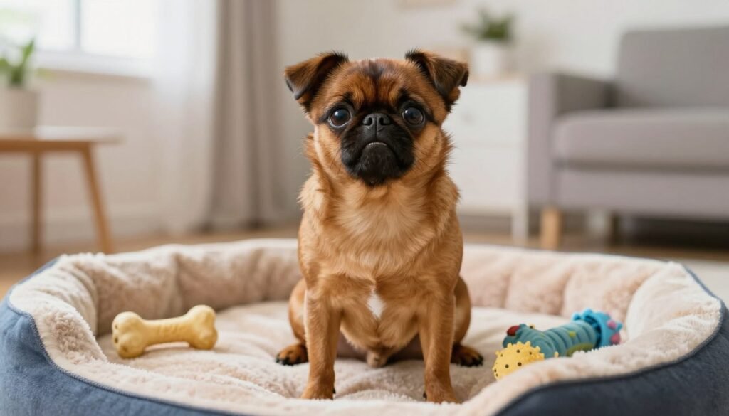 A Brussels Griffon sitting playfully on a plush, colorful dog bed in a bright living room, showcasing its distinctive, lively personality. The dog's expressive face features its short snout and large, round eyes, conveying curiosity and affection. Surround the dog with a few family-friendly toys scattered about, such as a chew bone and a soft squeaky toy, emphasizing its playful nature. In the background, a warm, inviting atmosphere is created by soft, diffused lighting from a nearby window. The image is captured from a low angle, highlighting the dog's joyful demeanor as it gazes upward. The mood is cheerful and heartwarming, reflecting the loving companionship this breed offers to families.