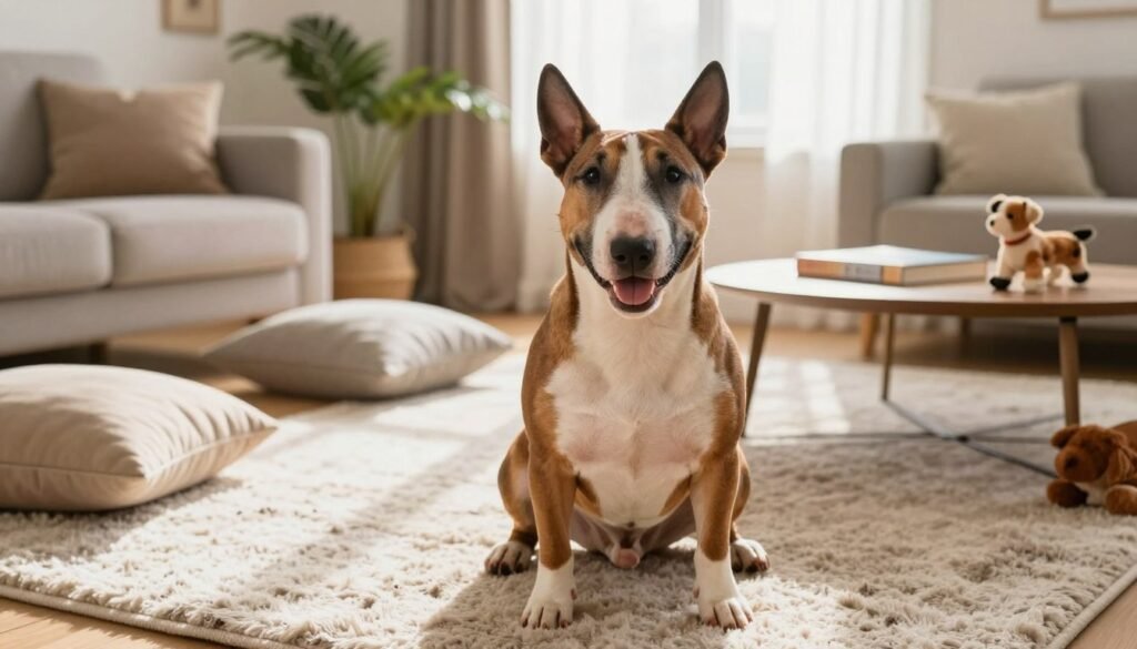 A Bull Terrier sits comfortably on a plush, textured rug in a cozy living room setting. In the foreground, the dog’s distinctive, muscular build stands out, showcasing its playful and affectionate nature. In the middle ground, soft cushions and a stylish coffee table adorned with dog toys and a book create a warm, inviting space. The background features a sunlit window with sheer curtains, casting gentle light across the room, highlighting the dog's shiny coat. A few potted plants add a touch of greenery. Capture the atmosphere of a loving home where a Bull Terrier thrives, radiating happiness and companionship. Use a warm color palette, focusing on soft natural light to enhance the sense of comfort and playfulness.