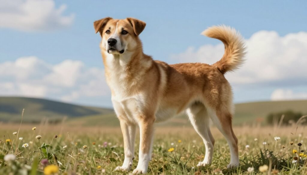 A Canaan Dog stands gracefully in a soft, grassy field, showcasing its unique combination of elegance and strength. The foreground captures the dog's expressive, gentle eyes and distinctive coat, characterized by a mix of sandy brown and white fur, with a bushy tail held high, conveying alertness and intelligence. The middle ground features a serene environment with gentle hills and scattered wildflowers, enhancing the dog's natural instincts. In the background, a bright blue sky dotted with fluffy white clouds bathes the scene in warm, inviting sunlight. The angle is a low side view, highlighting the dogβs poised stance while conveying a sense of calm and harmony. The overall mood is one of warmth, loyalty, and a playful spirit, perfect for illustrating the temperament of Canaan Dogs. A Canaan Dog stands gracefully in a soft, grassy field, showcasing its unique combination of elegance and strength. The foreground captures the dog's expressive, gentle eyes and distinctive coat, characterized by a mix of sandy brown and white fur, with a bushy tail held high, conveying alertness and intelligence. The middle ground features a serene environment with gentle hills and scattered wildflowers, enhancing the dog's natural instincts. In the background, a bright blue sky dotted with fluffy white clouds bathes the scene in warm, inviting sunlight. The angle is a low side view, highlighting the dogβs poised stance while conveying a sense of calm and harmony. The overall mood is one of warmth, loyalty, and a playful spirit, perfect for illustrating the temperament of Canaan Dogs.