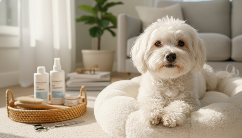 A Coton de Tulear lying on a soft, plush dog bed in a cozy living room setting, its fluffy white fur gleaming under warm, natural sunlight filtering through a nearby window. The foreground features the dogβs joyful expression, with playful, sparkling eyes and a happy, relaxed posture, showcasing its friendly demeanor. In the middle ground, a well-organized pet care area is visible, including grooming brushes and hypoallergenic pet products. The background shows a softly decorated room with plants and light-colored furniture, adding to the warm and inviting atmosphere. The scene is captured with a gentle focus, using a shallow depth of field to emphasize the dog, creating a serene mood of health and companionship. A Coton de Tulear lying on a soft, plush dog bed in a cozy living room setting, its fluffy white fur gleaming under warm, natural sunlight filtering through a nearby window. The foreground features the dogβs joyful expression, with playful, sparkling eyes and a happy, relaxed posture, showcasing its friendly demeanor. In the middle ground, a well-organized pet care area is visible, including grooming brushes and hypoallergenic pet products. The background shows a softly decorated room with plants and light-colored furniture, adding to the warm and inviting atmosphere. The scene is captured with a gentle focus, using a shallow depth of field to emphasize the dog, creating a serene mood of health and companionship.