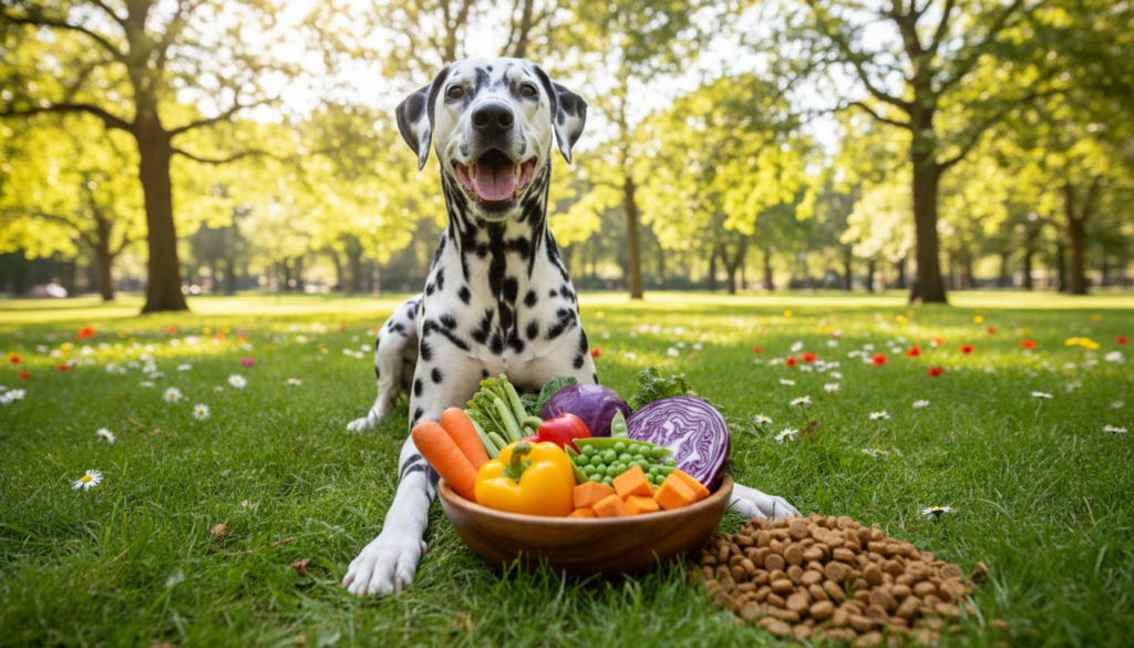 A Dalmatian dog sitting on a vibrant green lawn, looking healthy and happy, surrounded by an assortment of fresh, colorful vegetables and high-quality dog food. In the foreground, the Dalmatian has a shiny coat and a loving expression, emphasizing its playful personality. The middle ground features various nutritious foods, such as carrots, peas, and sweet potatoes, artistically arranged in a bowl, symbolizing a balanced diet. The background could include a sunny park scene with trees and flowers gently swaying in the breeze, creating a cheerful atmosphere. Use bright, natural lighting to enhance the vibrancy of the colors. Capture the image from a low angle to emphasize the Dalmatian, giving it a noble presence, conveying a sense of vitality and well-being.