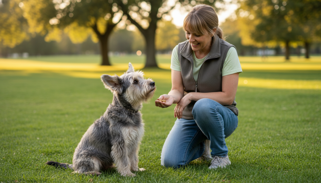 A Dandie Dinmont Terrier in a training session, sitting attentively beside its owner, who is demonstrating commands. The foreground features the spirited dog with its distinct long, silky coat and expressive eyes, showcasing eagerness to learn. The middle ground includes the owner, a person in modest casual clothing, holding a treat, engaging the dog with a warm smile. In the background, a serene park setting with green grass and trees under soft, golden afternoon light enhances the atmosphere of tranquility and fun. The scene captures a sense of loyalty and playfulness, emphasizing the bond between the owner and the Dandie Dinmont Terrier, photographed from a slightly elevated angle to bring the interaction into focus.