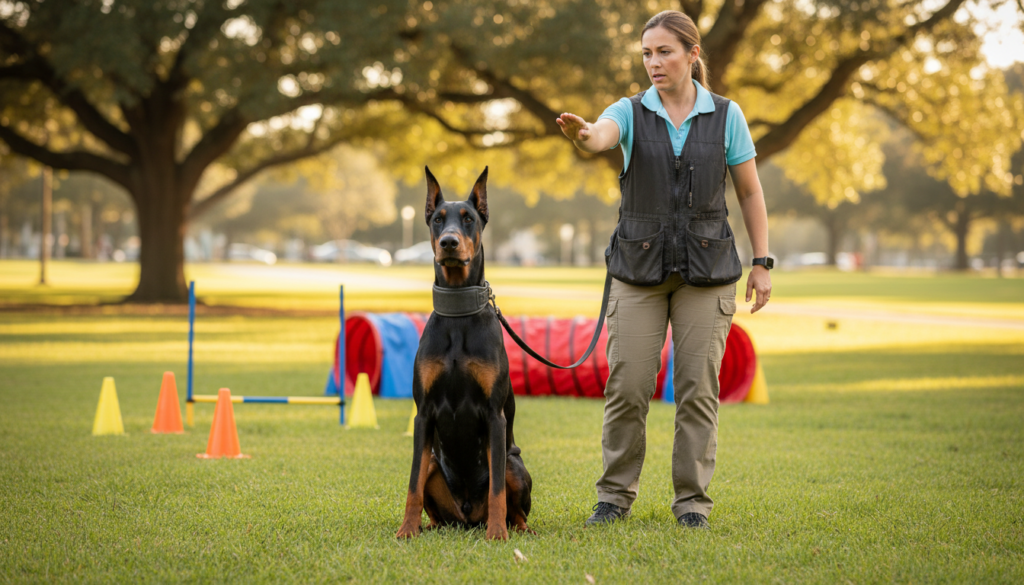 A Doberman Pinscher in the foreground, attentively sitting in a grassy training field, wearing a training collar. A professional dog trainer, dressed in smart casual attire, is positioned nearby, demonstrating a command with a focused expression. In the middle ground, a colorful agility training setup can be seen, featuring cones and hurdles, emphasizing a dynamic training atmosphere. The background is a sunlit park with blurred trees, creating a serene environment. The scene captures a sense of focus and companionship, with warm lighting enhancing the connection between the dog and the handler. The angle is slightly lower, emphasizing the dog's alert posture and the trainer's guiding gestures, creating an inspiring mood for effective dog training.