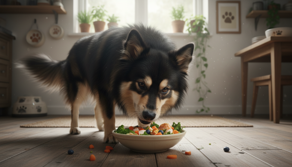 A Finnish Lapphund dog joyfully eating a bowl of vibrant, healthy food, such as fresh vegetables and lean meat, in a cozy kitchen setting. The foreground features the dog, with its thick, fluffy black and tan fur, large expressive eyes, and a wagging tail, showcasing its friendly nature. In the middle, the bowl filled with colorful food is placed on a wooden floor, with a few scattered vegetables around, indicating the dog's enthusiasm. In the background, soft, natural light filters through a window, illuminating a rustic kitchen with plants and dog-friendly décor, creating a warm and inviting atmosphere. Capture this scene with a slight depth-of-field focus on the Lapphund while keeping the background gently blurred. The overall mood is cheerful and nurturing, celebrating the bond between pets and healthy living.