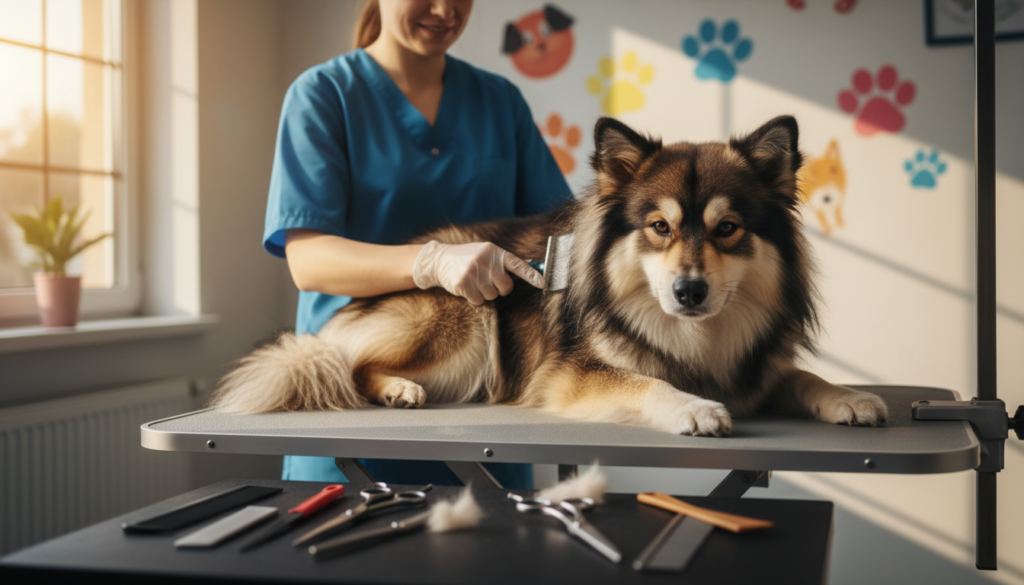 A Finnish Lapphund sits comfortably on a plush grooming table, its thick, double coat of fur showcasing a mix of rich browns, blacks, and whites. A professional groomer, wearing a tidy outfit and gloves, carefully brushes the dog's fur with a slicker brush, chuckling softly to create a friendly atmosphere. In the foreground, a few clumps of shedding fur and grooming tools like scissors and combs are neatly arranged. The background features a softly lit, cozy grooming salon adorned with colorful pet-themed decorations. Warm, natural lighting filters through a nearby window, casting gentle shadows that enhance the tranquil mood of the scene. There are no people other than the groomer, ensuring focus on the Lapphund and its grooming process.