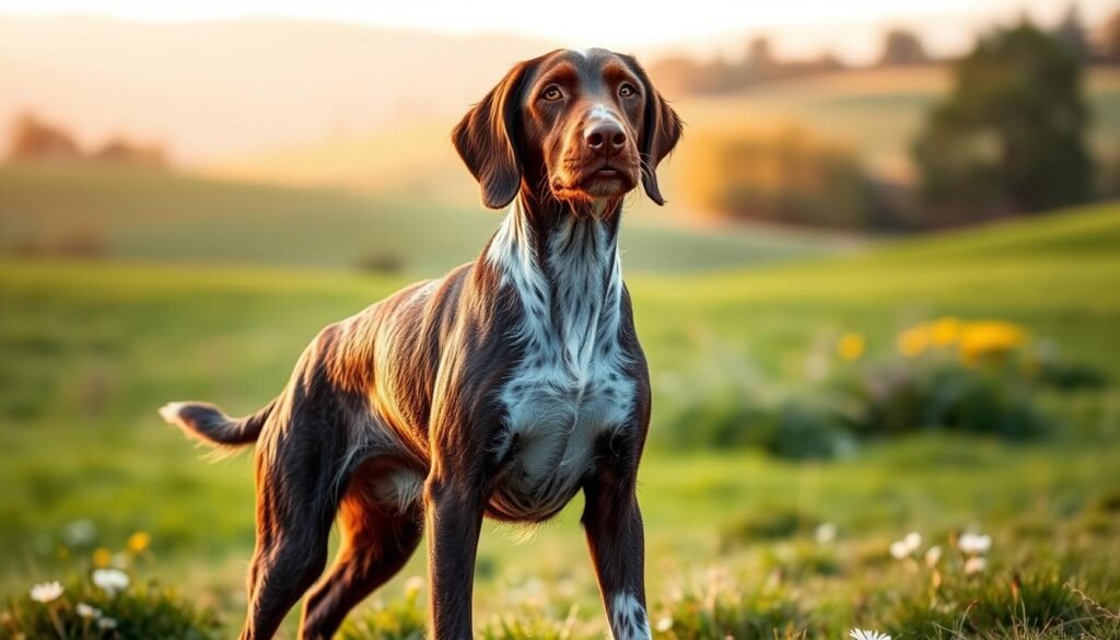 A German Wirehaired Pointer standing proudly in a natural outdoor setting, showcasing its distinctive wiry coat in rich brown and white colors. In the foreground, the dog is in motion, ears perked, expressing both energy and alertness. The middle section features a lush green field with wildflowers, emphasizing the breed's hunting background. In the background, a soft-focus landscape of rolling hills and trees creates a warm atmosphere, bathed in golden hour sunlight, lending a soft glow to the scene. Capture the dog's strong build and friendly demeanor from a low angle to accentuate its stature. The overall mood is vibrant and active, reflecting both the pros of companionship and the cons of high energy typical of this breed.