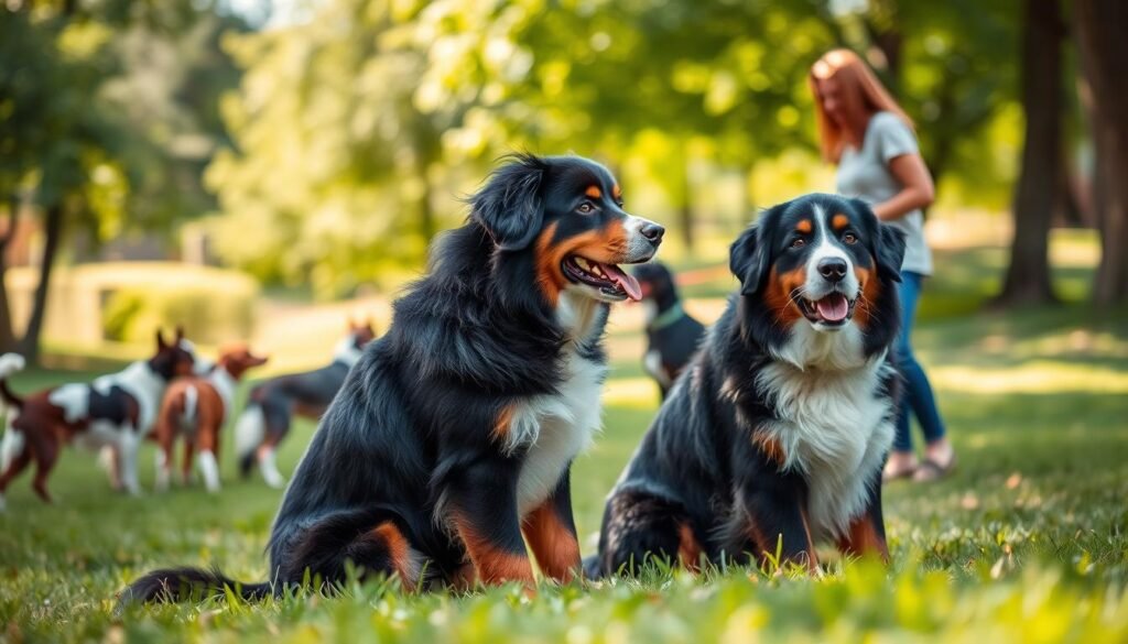A Greater Swiss Mountain Dog engaged in a training session in a lush park. In the foreground, the dog, a sturdy, large breed with striking black, white, and rust-colored fur, demonstrates obedience by sitting attentively beside its owner, who is dressed in a casual yet professional outfit. The middle ground showcases a small group of well-socialized dogs interacting with each other under the guidance of a dog trainer, emphasizing positive social behavior. The background features vibrant greenery, with sunlight filtering through the trees, creating a warm, inviting atmosphere. The scene is captured using a shallow depth of field to focus on the dog and owner, with soft, natural lighting enhancing the cheerful and encouraging mood of the training environment.