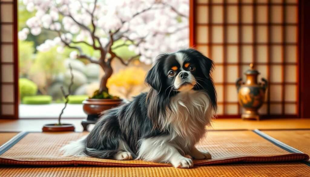 A Japanese Chin dog perched elegantly on a traditional Japanese tatami mat, surrounded by historical artifacts reflecting its royal lineage. In the foreground, the shimmering coat of the dog showcases its distinct black and white markings, capturing the light in a soft glow. The middle ground features a delicate bonsai tree and an ornate, antique vase, echoing the breed's connection to Japanese culture. In the background, a serene Japanese garden with cherry blossoms creates a tranquil atmosphere, framed by a sliding shoji door. The lighting is warm and natural, with a focus that softly blurs the background, emphasizing the grace of the Japanese Chin. The mood is peaceful and historic, inviting viewers to appreciate the breed's rich ancestry.
