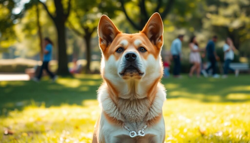 A Jindo dog, showcasing its alert and loyal temperament, sits proudly in a serene park setting. In the foreground, focus on the dog's expressive face, highlighting its intelligent eyes and perky ears that reflect curiosity and confidence. The middle ground features the grassy area, with soft sunlight filtering through the trees, casting gentle shadows around the dog. In the background, blurred outlines of other park-goers enjoying leisure time evoke a sense of community and happiness. Use warm, natural lighting to emphasize the Jindo's sleek fur and strong build. The overall mood conveys a blend of playfulness and loyalty, capturing the Jindo dog's unique personality traits in an inviting atmosphere.