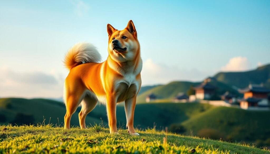 A Korean Jindo Dog, standing proudly on a lush green hillside, showcasing its distinct double coat, erect ears, and bushy tail. In the foreground, the dog is depicted with a glossy, golden-brown fur tone, capturing the breed’s powerful yet elegant build. The middle ground features rolling hills that represent its native landscape, dotted with traditional Korean architecture in soft-focus, emphasizing its historical context. The background consists of a clear blue sky with gentle clouds, creating a serene atmosphere. The lighting is warm and natural, highlighting the dog's features beautifully, as if in the golden hour of late afternoon. The overall mood is nostalgic yet uplifting, reflecting the rich heritage and loyalty of this ancient breed.