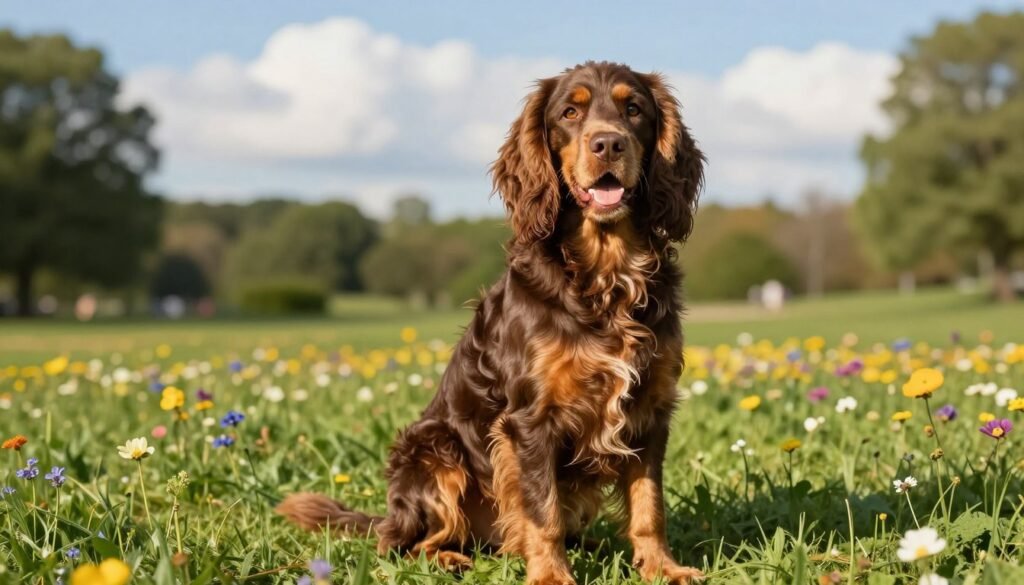 A beautiful American Water Spaniel sits gracefully in a sunlit park, showcasing its distinct wavy coat in rich chocolate and liver tones, glimmering in the light. The foreground features the dog, alert and joyful, with its expressive eyes and relaxed stance capturing its loyal and intelligent nature. In the middle ground, lush green grass and colorful wildflowers create a vibrant landscape, emphasizing the dog's playful spirit and companionship. The background includes soft-focus trees and a blue sky with fluffy white clouds, adding a serene atmosphere. Soft, warm lighting enhances the image's inviting mood, while a low angle captures the depth of the scene, highlighting the American Water Spaniel's charm and beauty. A beautiful American Water Spaniel sits gracefully in a sunlit park, showcasing its distinct wavy coat in rich chocolate and liver tones, glimmering in the light. The foreground features the dog, alert and joyful, with its expressive eyes and relaxed stance capturing its loyal and intelligent nature. In the middle ground, lush green grass and colorful wildflowers create a vibrant landscape, emphasizing the dog's playful spirit and companionship. The background includes soft-focus trees and a blue sky with fluffy white clouds, adding a serene atmosphere. Soft, warm lighting enhances the image's inviting mood, while a low angle captures the depth of the scene, highlighting the American Water Spaniel's charm and beauty.