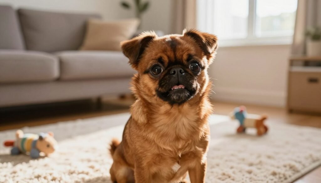 A charming Brussels Griffon sits playfully in the foreground, showcasing its distinctive short muzzle and expressive eyes. The dog's rich, reddish-brown fur glistens softly under warm, natural light, highlighting its lively personality. In the middle ground, a cozy living room setting reflects the affectionate atmosphere of family life, complete with a plush rug and a few scattered toys. In the background, a window allows gentle sunlight to filter through, casting a warm glow that creates a welcoming ambiance. The focus is on the dog’s joyful demeanor, conveying loyalty and companionship, as it playfully engages with an invisible family member. The composition is balanced, with a slight depth of field effect that brings the adorable Brussels Griffon into sharp focus.
